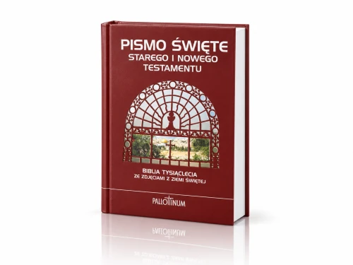 Biblia Tysiąclecia w bordowej twardej oprawie ze srebrzystymi napisami.