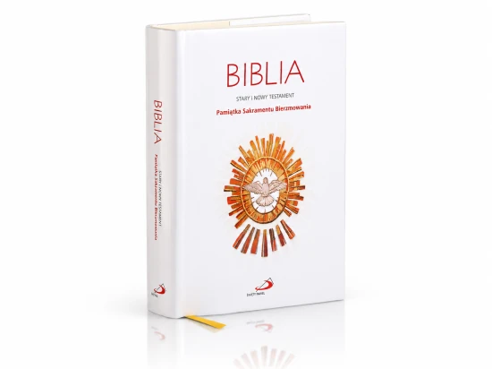 Biblia ma białą obwolutę z czerwonym tytułem i napisem Pamiątka Sakramentu Bierzmowania.