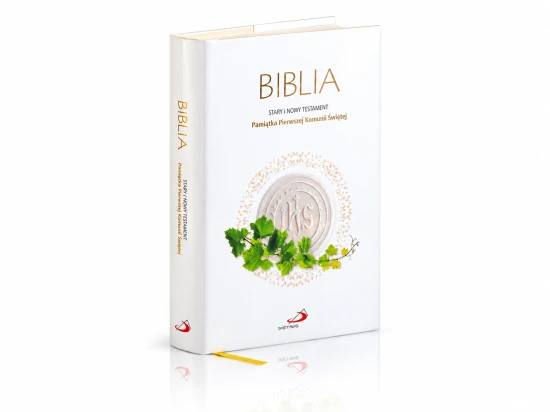 Biblia ma białą obwolutę ze złotym tytułem i napisem Pamiątka Pierwszej Komunii Świętej.