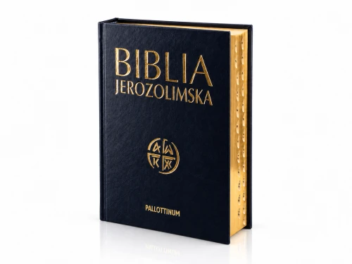 Biblia ma granatową oprawę z ekoskóry oraz złocony tytuł na froncie.