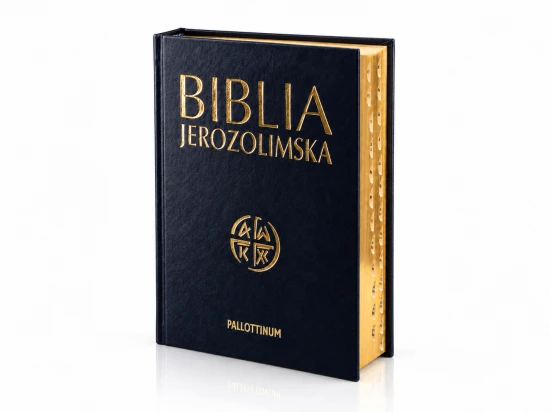 Biblia ma granatową oprawę z ekoskóry oraz złocony tytuł na froncie.