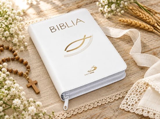 Biblia "z rybką" - oprawa biała, z suwakiem, z kolorową wkładką
