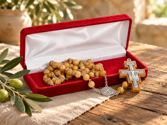 Różaniec z drzewa oliwnego z krzyżem San Damiano i medalem św. Benedykta