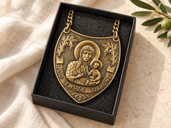 Dolną część tarczy zdobi napis „Pod Twoją Obronę” oraz ornament roślinny.
