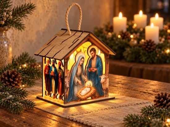 Rozświetlony lampion z ażurowymi wycięciami na drewnianym stole, w otoczeniu igliwia i szyszek.