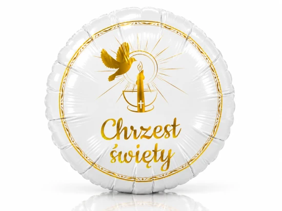 Okrągły balon zdobi złoty napis „Chrzest święty”.