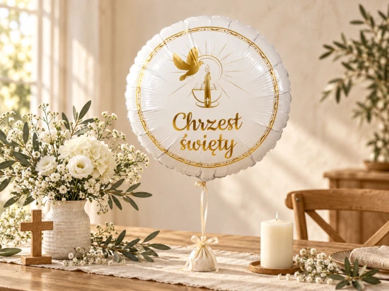 Foliowy balon ma okrągły kształt i średnicę około 33 cm.