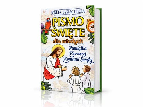 Komunijna okładka Biblii z ilustracją Jezusa udzielającego Komunii dzieciom.