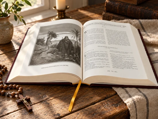 Wnętrze Biblii z ilustracjami i stronami pamiątkowymi