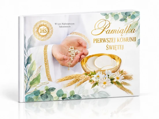 Pamiątka Pierwszej Komunii Świętej – album z modlitwami i kopertą na upominek