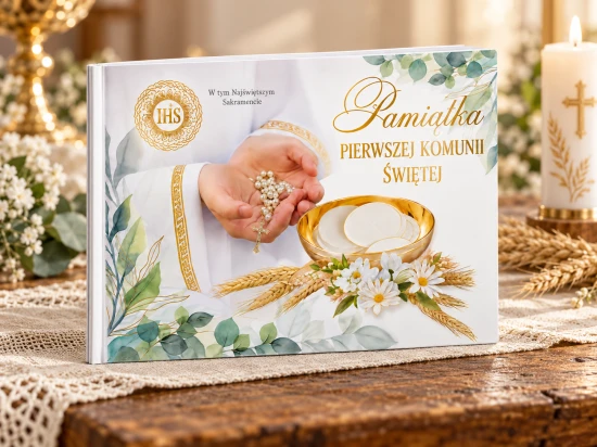 Pamiątka Pierwszej Komunii Świętej – album z modlitwami i kopertą na upominek