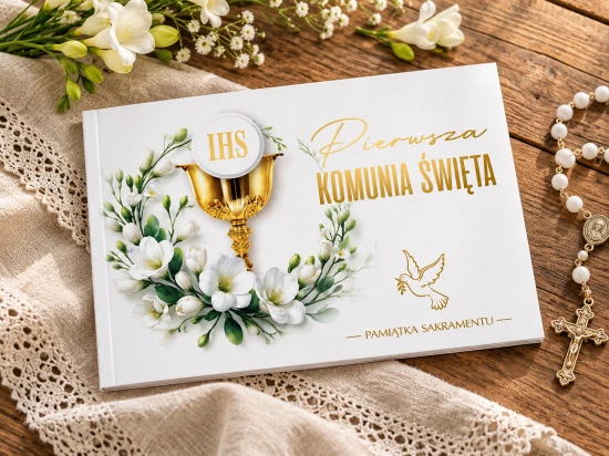 Pamiątka Pierwszej Komunii Świętej – album z modlitwami i kopertą na upominek
