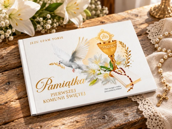 Pamiątka Pierwszej Komunii Świętej – album z modlitwami i kopertą na upominek