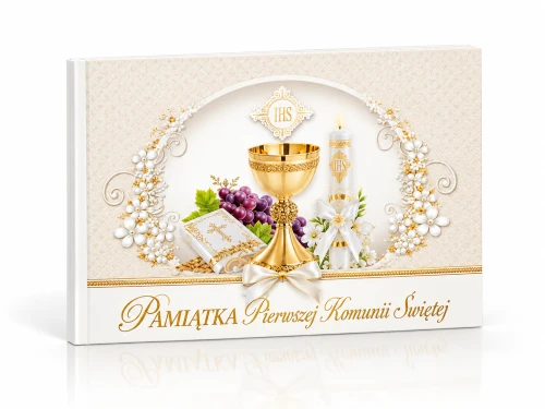 Pamiątka Pierwszej Komunii Świętej – album z modlitwami i kopertą na upominek