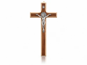 Krzyż Benedyktyński drewniany na ścianę – ciemne drewno 20,5 cm