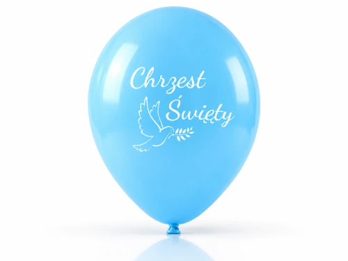 Niebieski balon z białym napisem „Chrzest Święty” i ozdobną gołębicą.