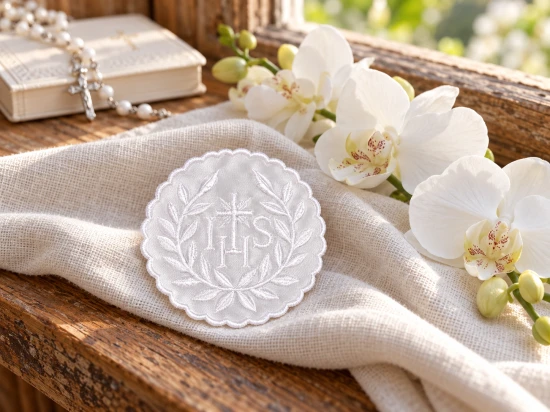 Detale białego haftu IHS z symetrycznymi gałązkami i dekoracyjną krawędzią.