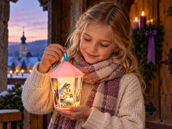 Dziewczynka trzyma świecący różowy lampion za niebieski sznureczek, podtrzymując jego podstawę.