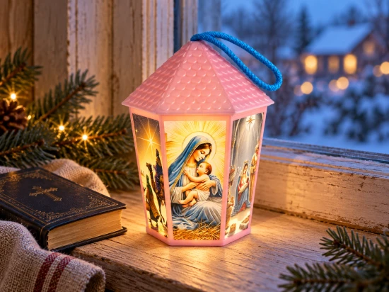 Lampion ustawiony na rustykalnym stole obok wieńca adwentowego z fioletowymi i różową świecą.