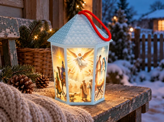 Dziewczynka trzyma świecący różowy lampion za niebieski sznureczek, podtrzymując jego podstawę.