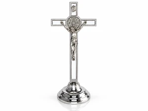 Krzyż stojący - Benedyktyński z białym wypełnieniem - 19cm 