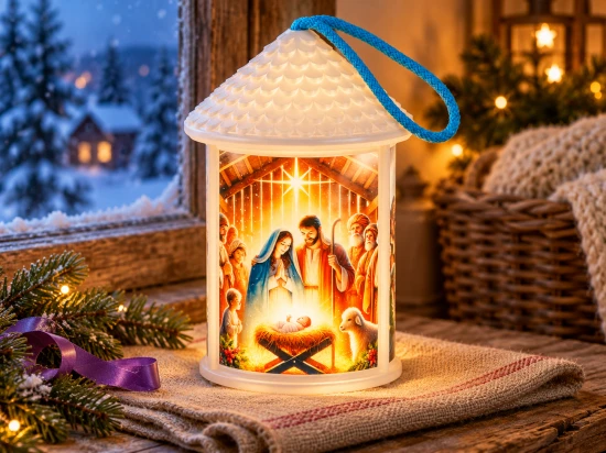 Rozświetlony lampion ze Świętą Rodziną przy żłóbku w rustykalnej aranżacji przy zimowym oknie.