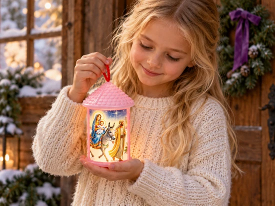 Dziewczynka trzyma rozświetlony różowy lampion za czerwony sznureczek, podtrzymując jego podstawę.