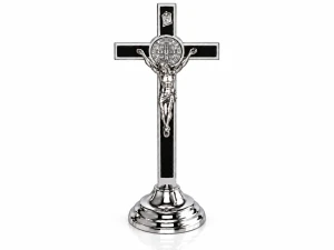 Krzyż benedyktyński stojący czarno-srebrzysty – 19 cm