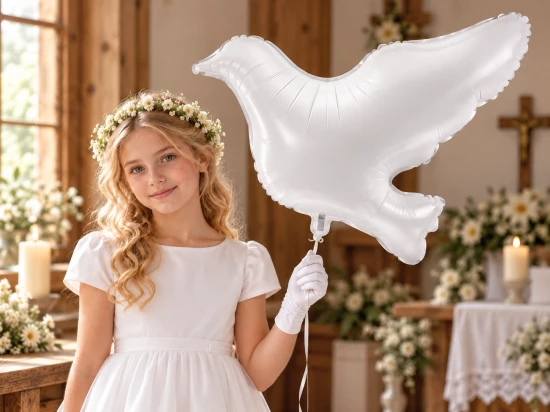 Dziewczynka w komunijnej sukience i wianku trzyma biały balon gołąb w rustykalnym wnętrzu.