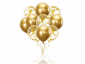 Balony komunijne złote chrom z konfetti – zestaw dekoracyjny 10 szt.
