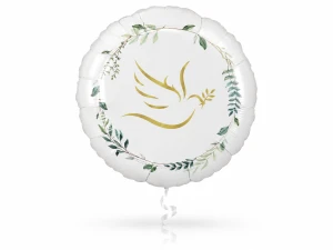 Balon foliowy okrągły ze złotym gołąbkiem i listkami – 46 cm