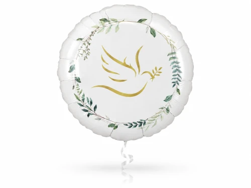 Biały, okrągły balon foliowy ze złotym gołąbkiem z gałązką i wiankiem zielonych listków.