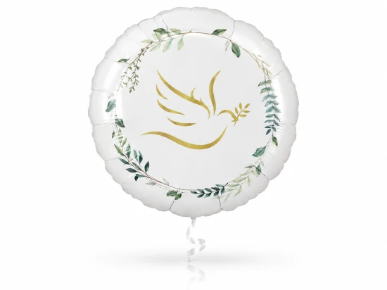 Biały, okrągły balon foliowy ze złotym gołąbkiem z gałązką i wiankiem zielonych listków.