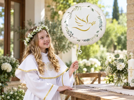 Dziewczynka w stroju komunijnym trzyma balon ze złotym gołąbkiem w jasnej, rustykalnej aranżacji.