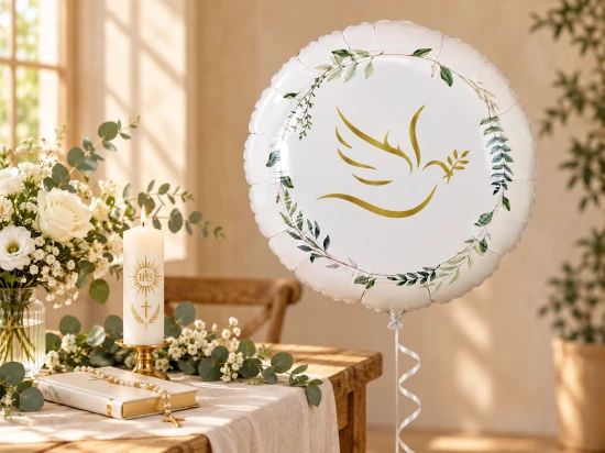 Balon z gołąbkiem przy drewnianym stole ze świecą IHS, książką, różańcem i białymi kwiatami.