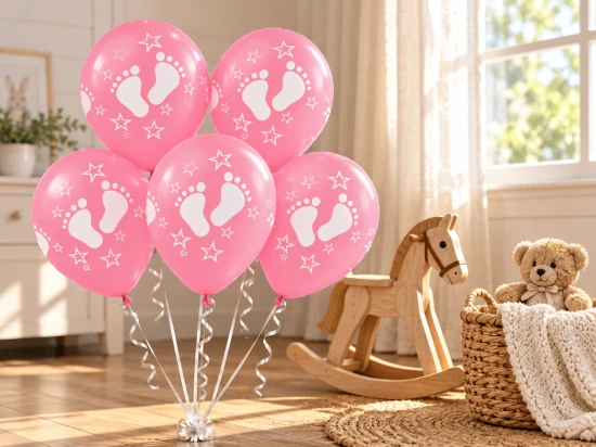Różowe balony ze stópkami i gwiazdkami w dziecięcym pokoju obok drewnianego konika i pluszowego misia.