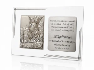 Obrazek srebrny Anioł Stróż „Dzieci na mostku” – 20 × 25 cm, grawer w zestawie