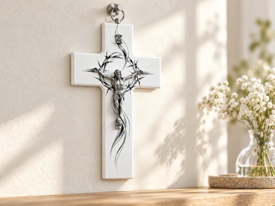 Ukośne ujęcie białego krzyża eksponuje grubość panelu, metalową pasyjkę i ciemny ornament.