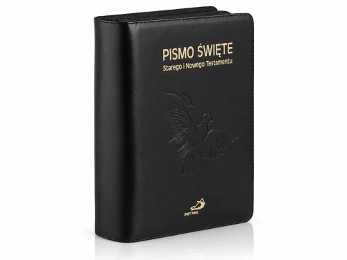 Czarna skórzana oprawa Biblii z tłoczoną gołębicą, napisami w złotym kolorze i zamknięciem na suwak.