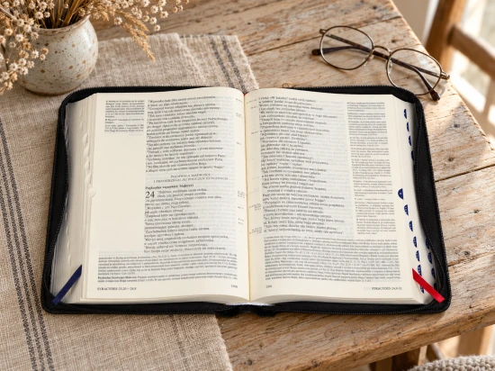 Otwarta Biblia z komentarzami, paginatorami na brzegu stron i tasiemkowymi zakładkami.