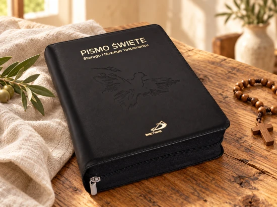 Pismo Święte w czarnej oprawie na drewnianym stole, obok jasnej tkaniny i drewnianego różańca.