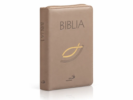 Beżowa okładka Biblii ze złoconym symbolem ryby, napisem „BIBLIA” i obszyciem wzdłuż krawędzi.