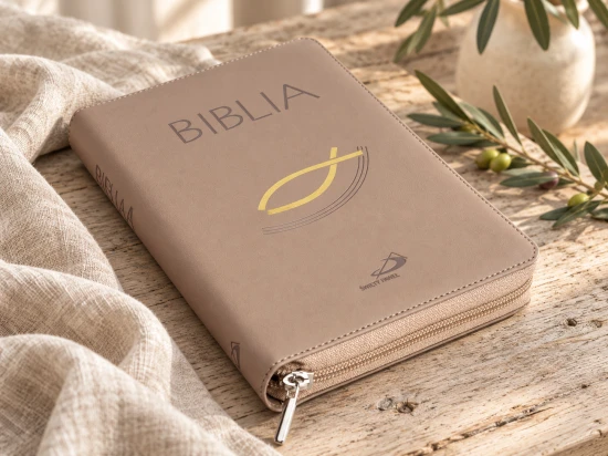 Biblia ułożona na drewnianym blacie – widoczny suwak dopasowany kolorystycznie do oprawy.
