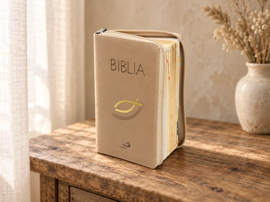 Uchylona oprawa z suwakiem odsłania złocone brzegi kartek Biblii.