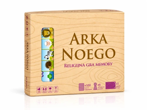 Beżowe pudełko gry „Arka Noego” z okienkiem prezentującym kolorowe ilustracje zwierząt.