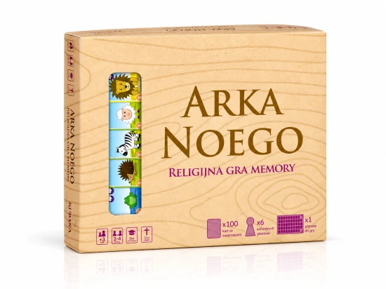 Beżowe pudełko gry „Arka Noego” z okienkiem prezentującym kolorowe ilustracje zwierząt.