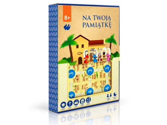 Pudełko gry „Na Twoją pamiątkę” z okienkiem, niebieskim wzorem ryb i oznaczeniem wieku 8+.
