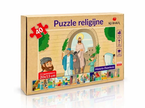 Beżowe pudełko puzzli „Historia zbawienia” z kolorową ilustracją wjazdu Jezusa do Jerozolimy.