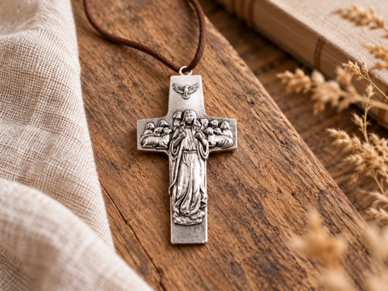 Wypukły wizerunek Jezusa Dobrego Pasterza z owcami i gołębicą w górnej części krzyżyka.