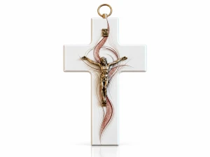 Krzyż drewniany biały z czerwono-brązowym zdobieniem – 20 cm (1)